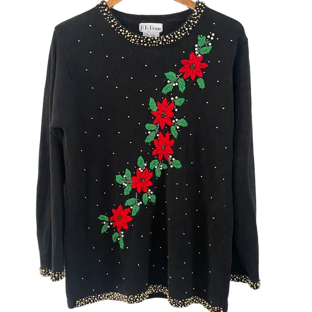 BP DESIGN Poinsettia Bedazzled Christmas Sweater Size Medium